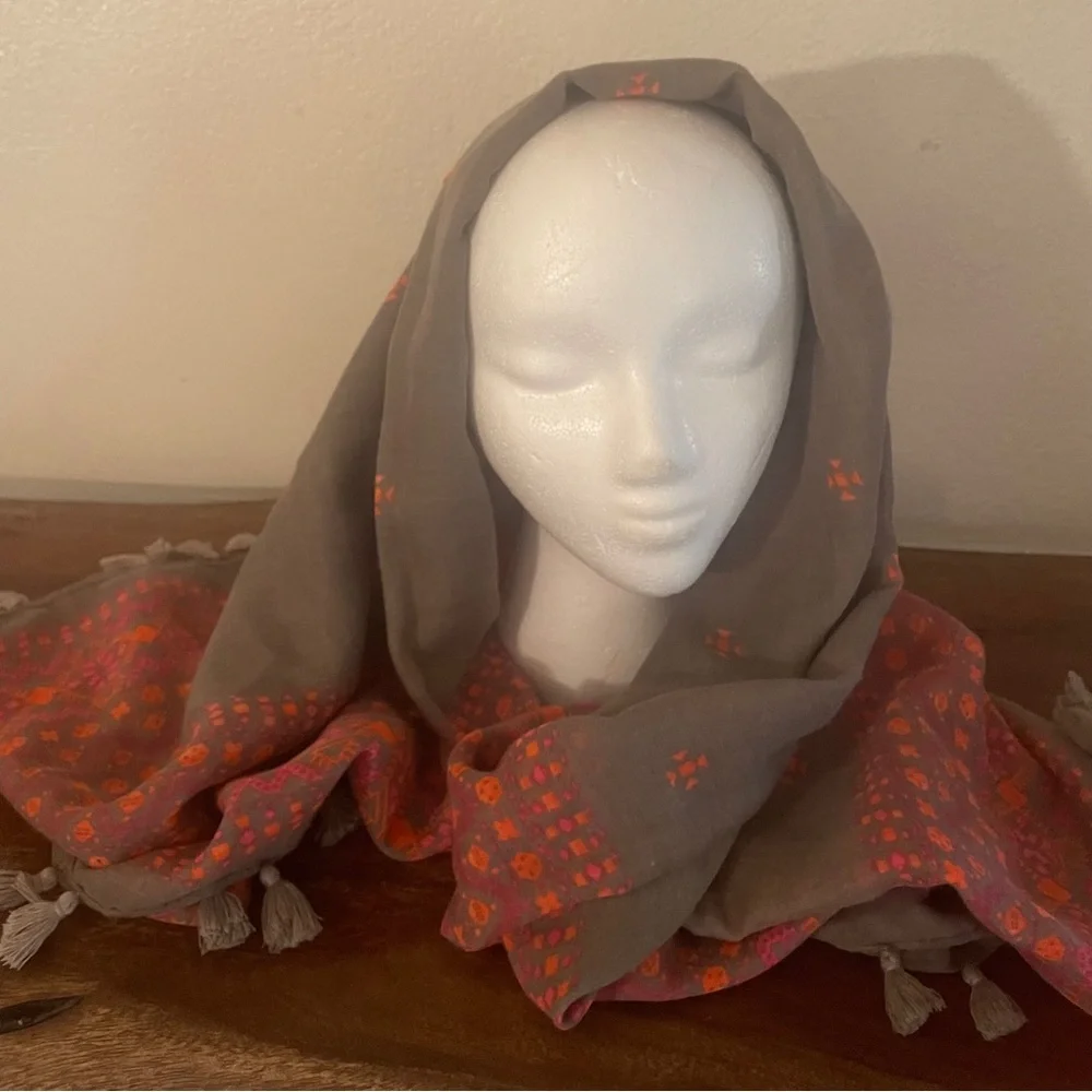 Free Press Gray Coral Pink Boho Tassel Scarf Wrap Shawl One Size